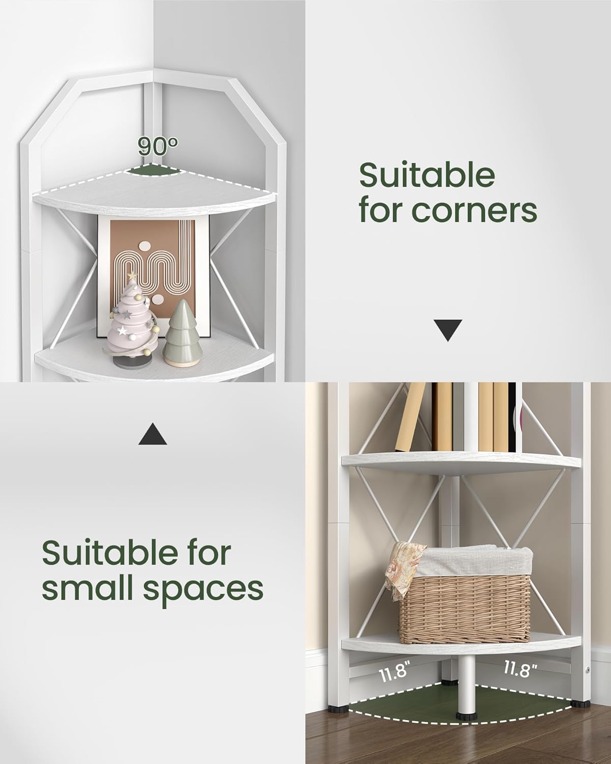CHOEZON 5-Tier Corner Shelf, Industrial Corner Bookshelf, 59.4" Corner Storage Stand, Plant Stand Display Shelf, Corner Bookcase for Bedroom, Living Room, Home Office, White TCJ10WB