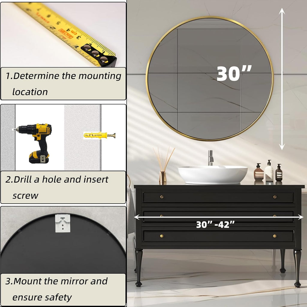 Round Bathroom Mirror, Circle Mirror, Gold, 30" L x 30" W, 1 Pack