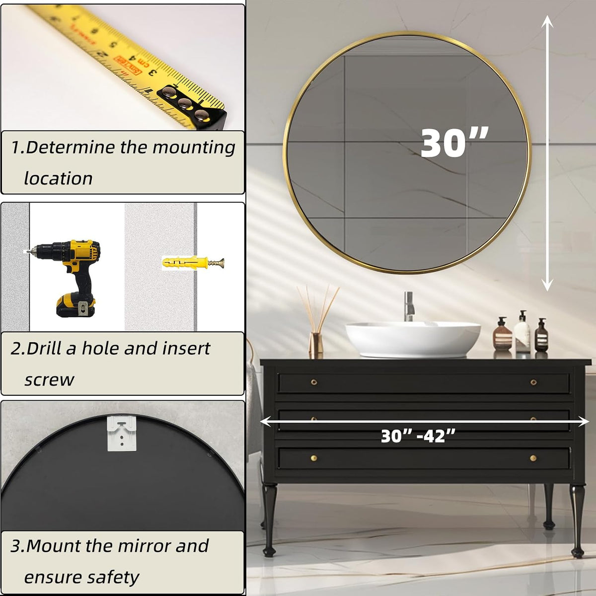 Round Bathroom Mirror, Circle Mirror, Gold, 30" L x 30" W, 1 Pack