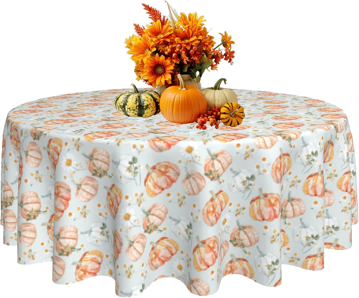 Thanksgiving Round Tablecloth 60 Inch Pumpkin Daisy Table Cloth Waterproof Heat Resistant Reusable Autumn Decorations Table Cover for Holiday Kitchen Dinning Party Decor