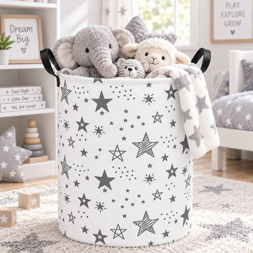Collapsible Kids Laundry Basket Clothes Hamper, Foldable Storage Organizer Bin, Toy Clothes Storage with Handles for Boys Girls Bedroom, Room Decor Grey Star