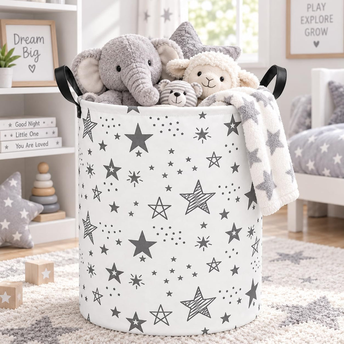Collapsible Kids Laundry Basket Clothes Hamper, Foldable Storage Organizer Bin, Toy Clothes Storage with Handles for Boys Girls Bedroom, Room Decor Grey Star