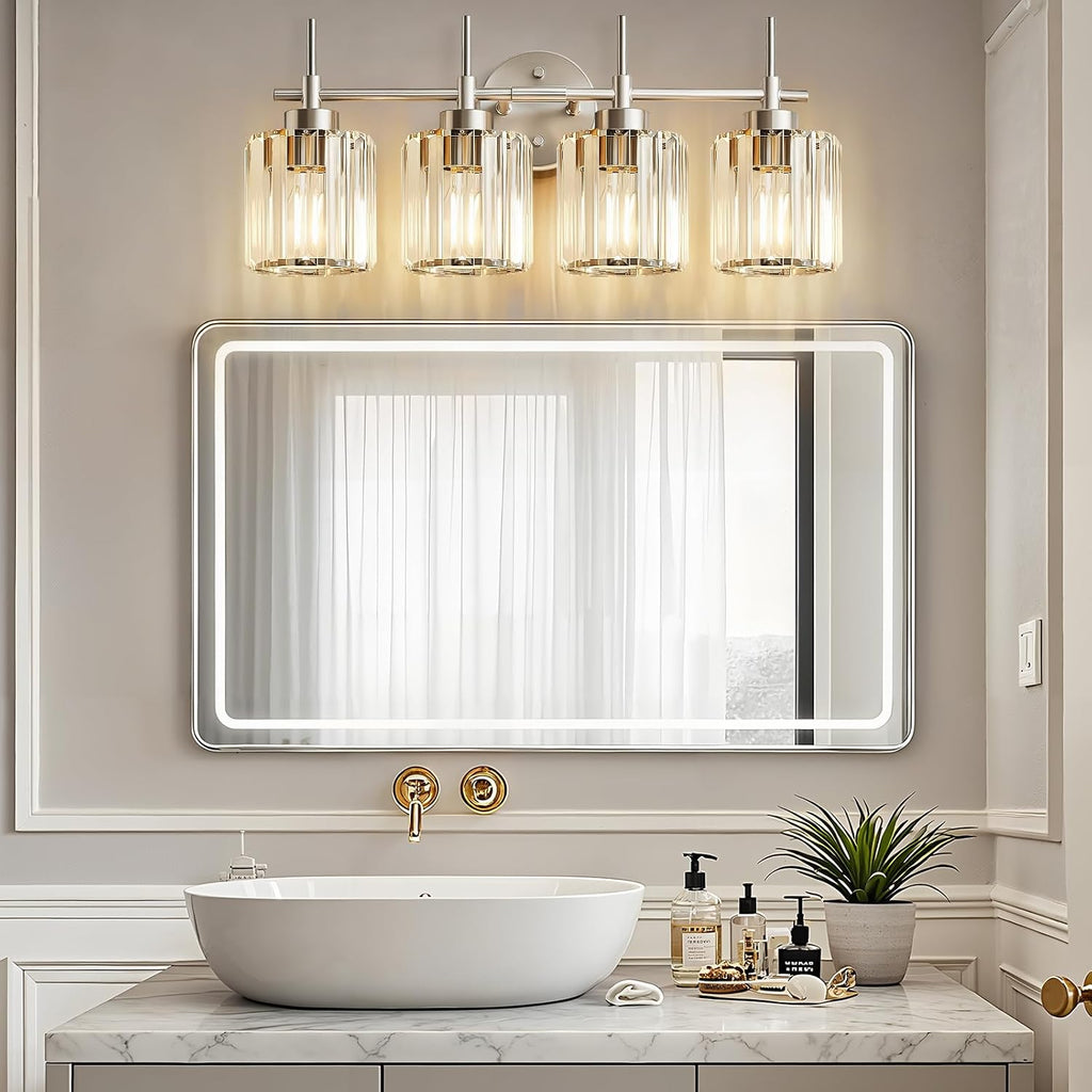 EJIAXIN Crystal Bathroom Vanity Lights, 4 Light Bath Mirror Light Brushed Nickel Round Crystal Wall Mount Light Fixture Over Mirror Morden for Living Room