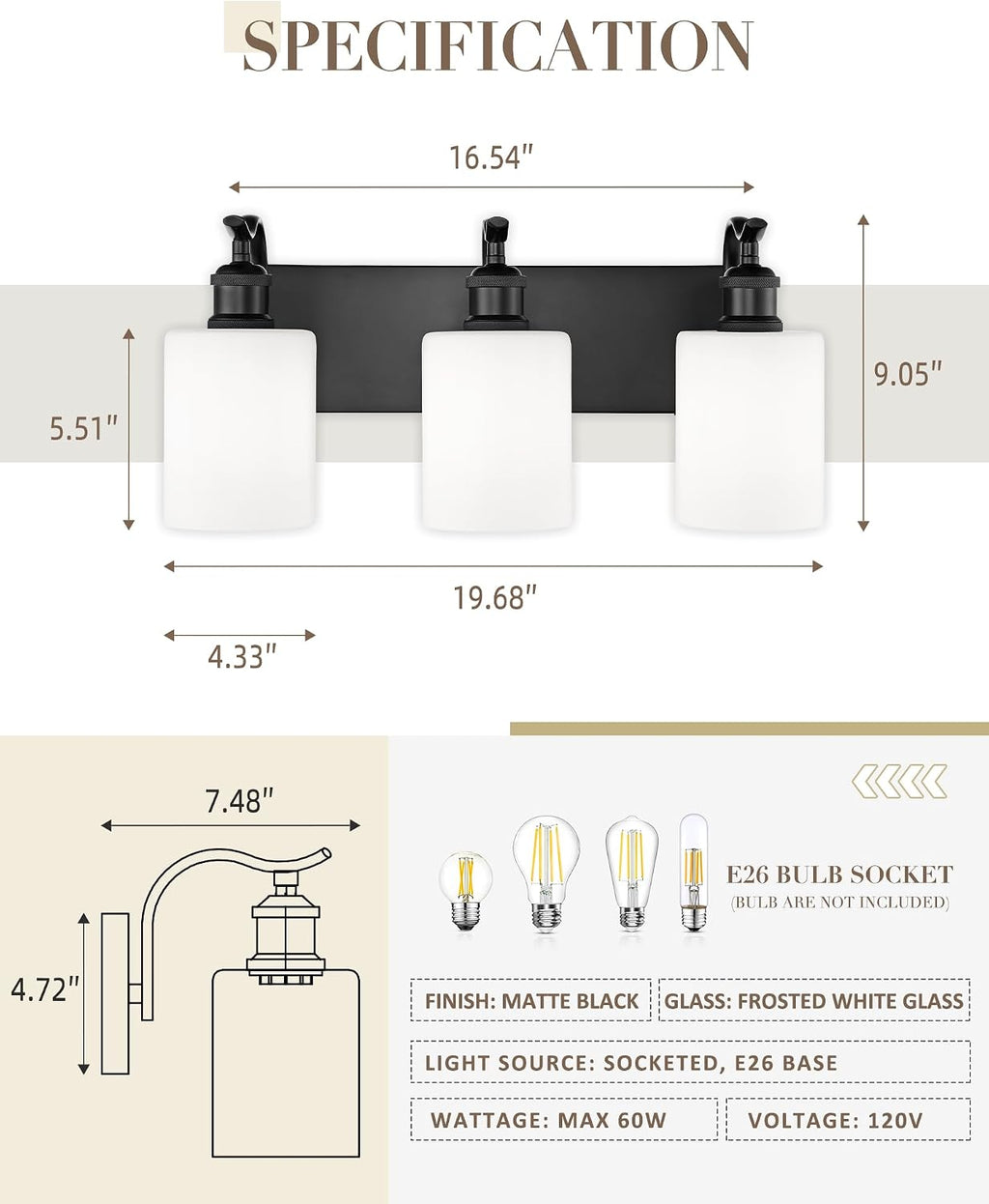 3-Light 19 Inch Bathroom Vanity Light,White Frosted Glass,Black
