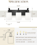 3-Light 19 Inch Bathroom Vanity Light,White Frosted Glass,Black