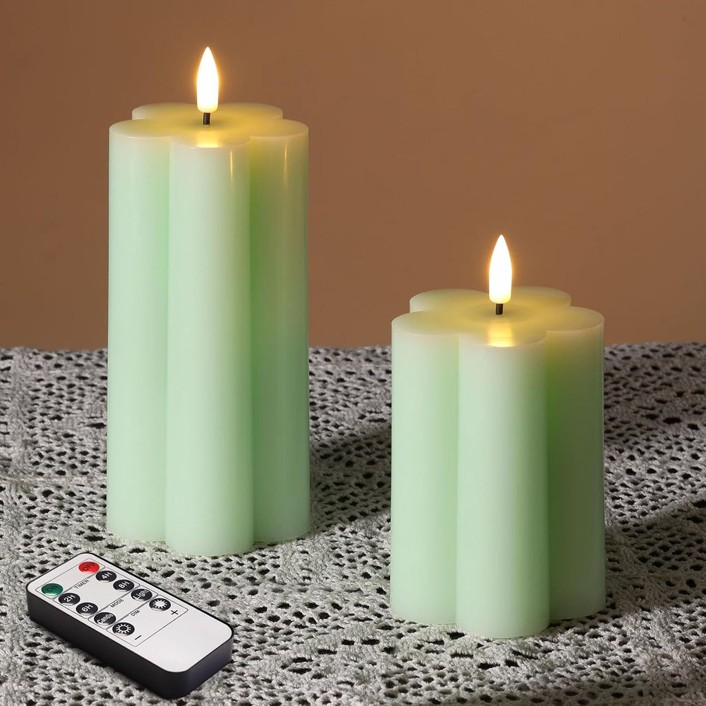 Green Flameless Pillar Candles with Remote, Flickering LED Wax Candles Battery Operated, Aesthetic Home Decor Set of 2