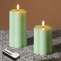 Green Flameless Pillar Candles with Remote, Flickering LED Wax Candles Battery Operated, Aesthetic Home Decor Set of 2