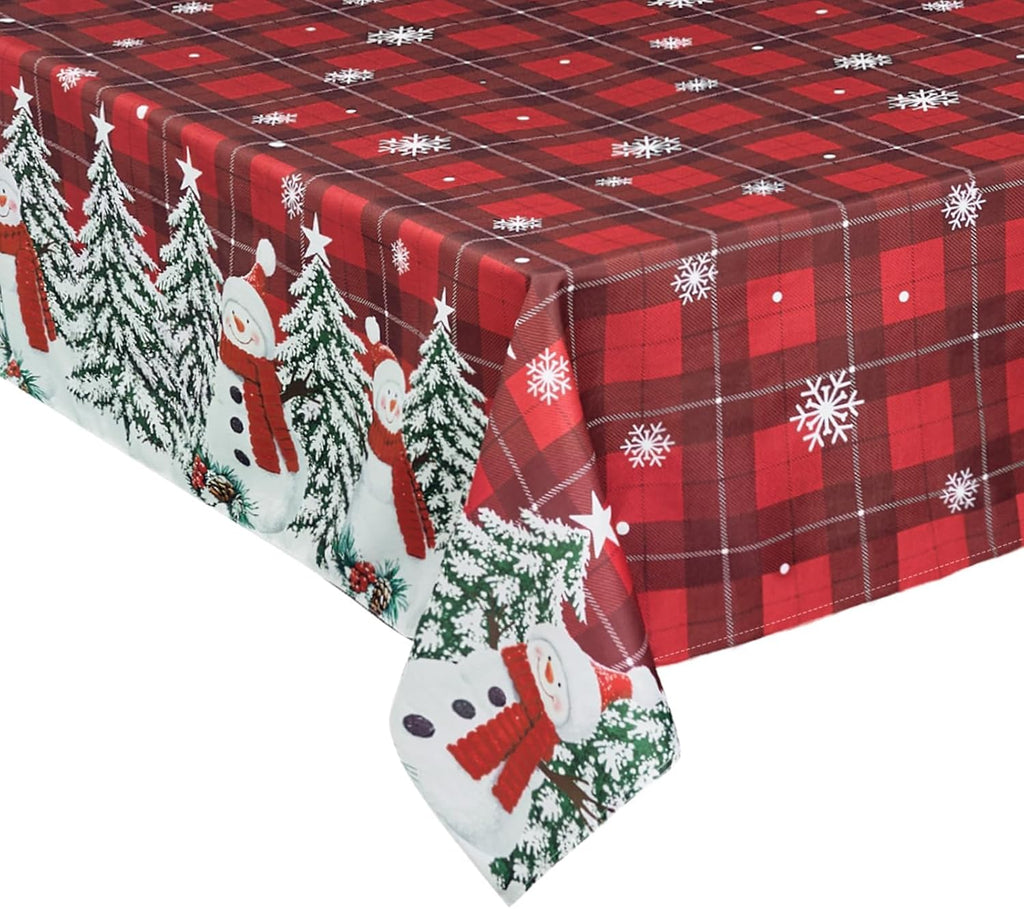 Softalker Christmas Rectangle Tablecloth 60 x 84 Inch, Snowman Red Plaid