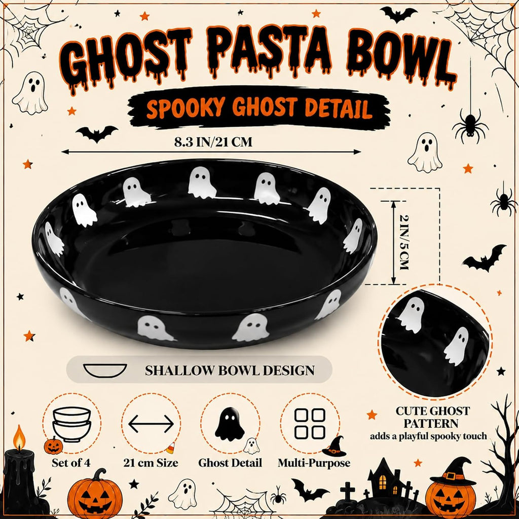 4 Pcs Halloween Ghost Ceramic Pasta Bowls Microwave & Dishwasher Safe, 40oz