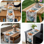 Fall Thanksgiving Table Runner, Watercolor Autumn Pumpkins Eucalyptus Leaves Cotton Linen Tablecloth Farmhouse Table Decor for Home,Kitchen,Dining Room,Indoor,Outdoor,13X90 Inches Long, Blue Orange