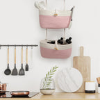 Over The Door Hanging Baskets with Button Strap, 3-Tier Woven Cotton Storage Organizer Bag, Wall-Mounted with Hook Decorative Hanging Nursery Baskets - Pink+White