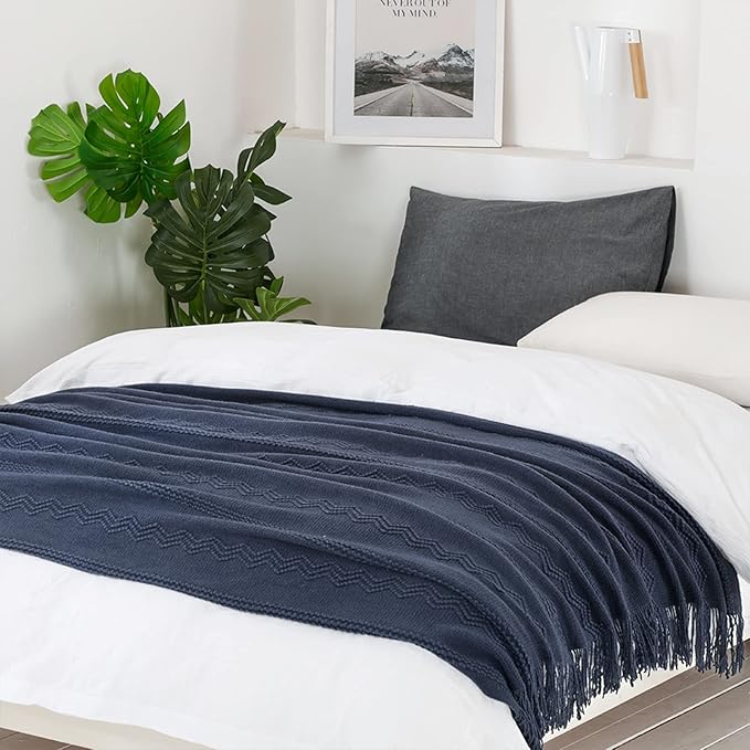 BOURINA Navy Throw Blanket 50x60 Inches Throw Textured Solid Soft Sofa Throw - Image 4