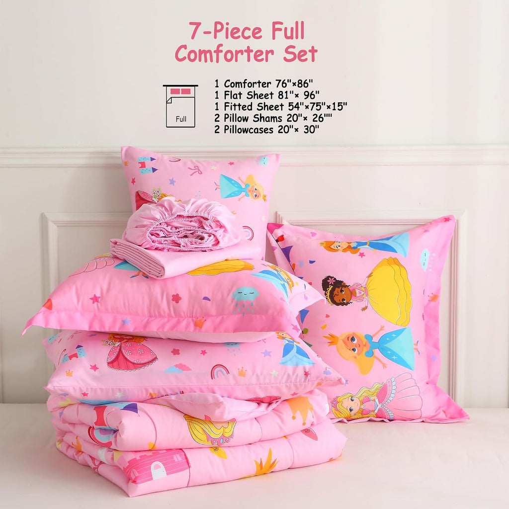 lasoftan Kids' Princess Bedding Set, Pink Princess, Full, 7-Piece