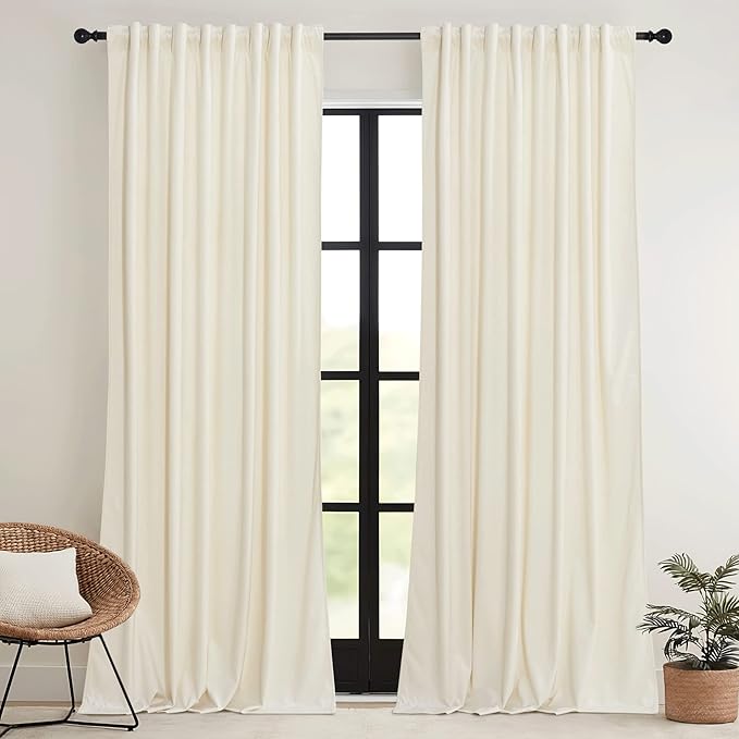 RYB HOME Cream Velvet Curtains 84 inch, Light Dimming White Window Curtains - Image 2