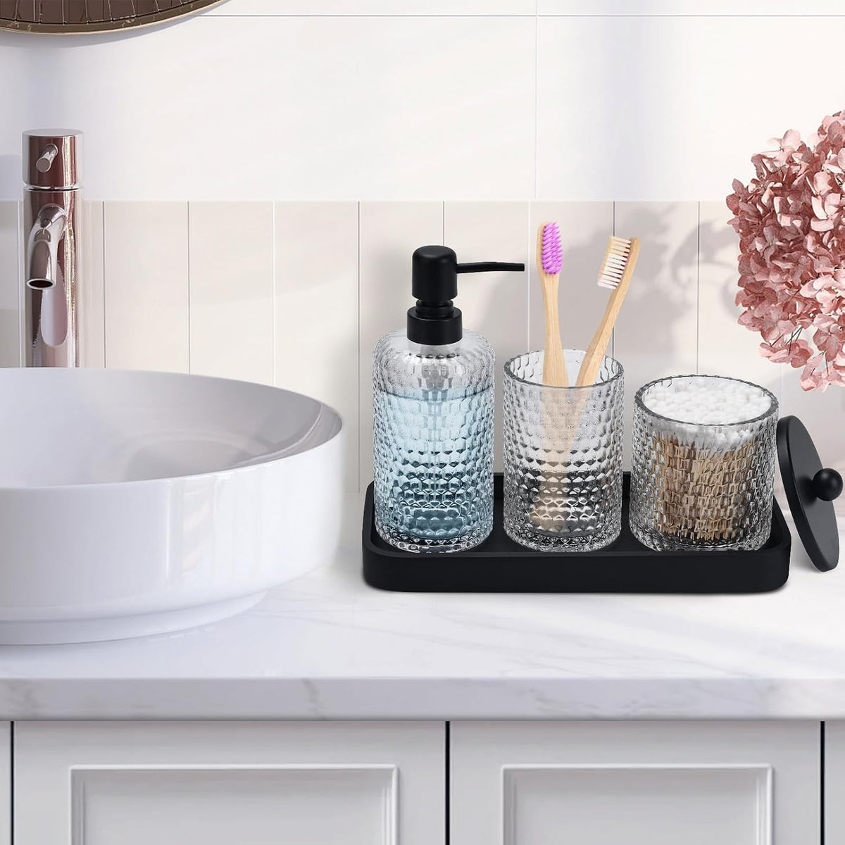 Bathroom Accessory Set,4 Pcs Clear Glass Bathroom Accessories Set-Lotion Soap Dispenser,Toothbrush Holder,Qtip Holder Dispenser & Resin Vanity Tray,Countertop Vanity Organizer,Crystal Clear