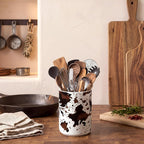 Potchen Western Cowhide Ceramic Utensil Holder 6.3 Inch Cowboy Rustic Kitchen Utensil Crock Vintage Countertop Storage Organizer Container for Spatulas Spoons Home Cooking Decoration