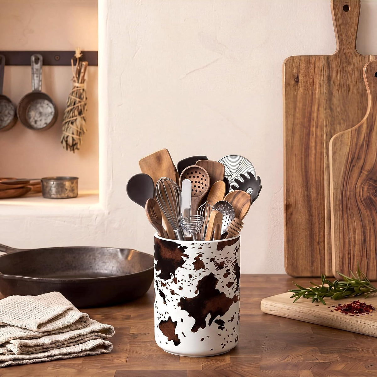 Potchen Western Cowhide Ceramic Utensil Holder 6.3 Inch Cowboy Rustic Kitchen Utensil Crock Vintage Countertop Storage Organizer Container for Spatulas Spoons Home Cooking Decoration