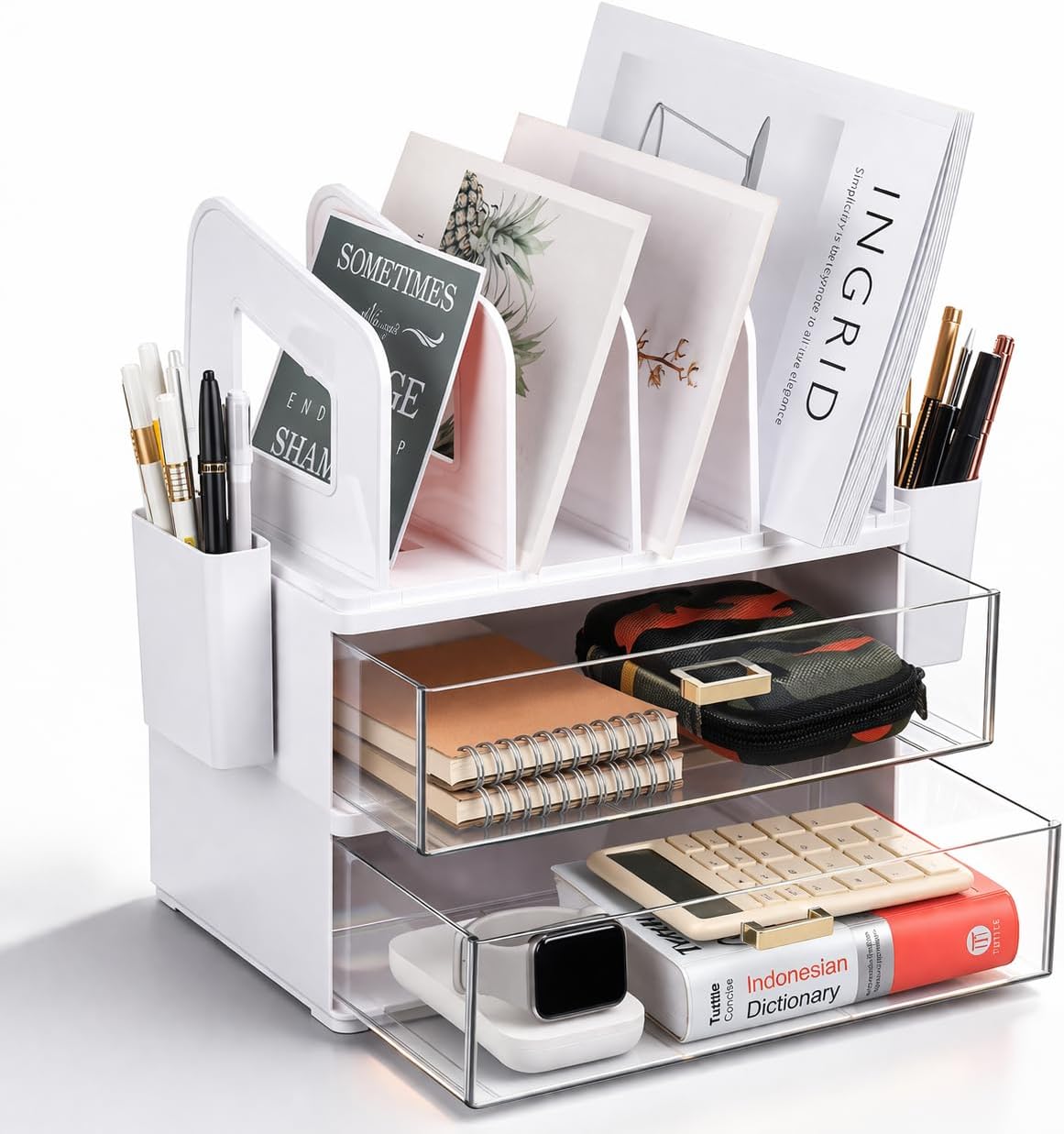 LALOBLUE White Vertical File Organizer, 4 Section Magazine Holder for Desk