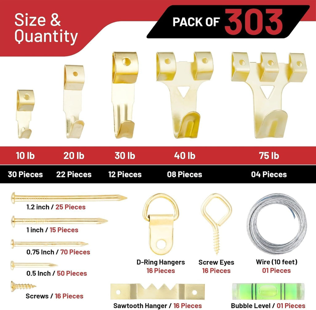 303 Piece Picture Hanging Kit, Gold Finish Wall Hooks and Iron Hangers