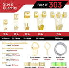 303 Piece Picture Hanging Kit, Gold Finish Wall Hooks and Iron Hangers