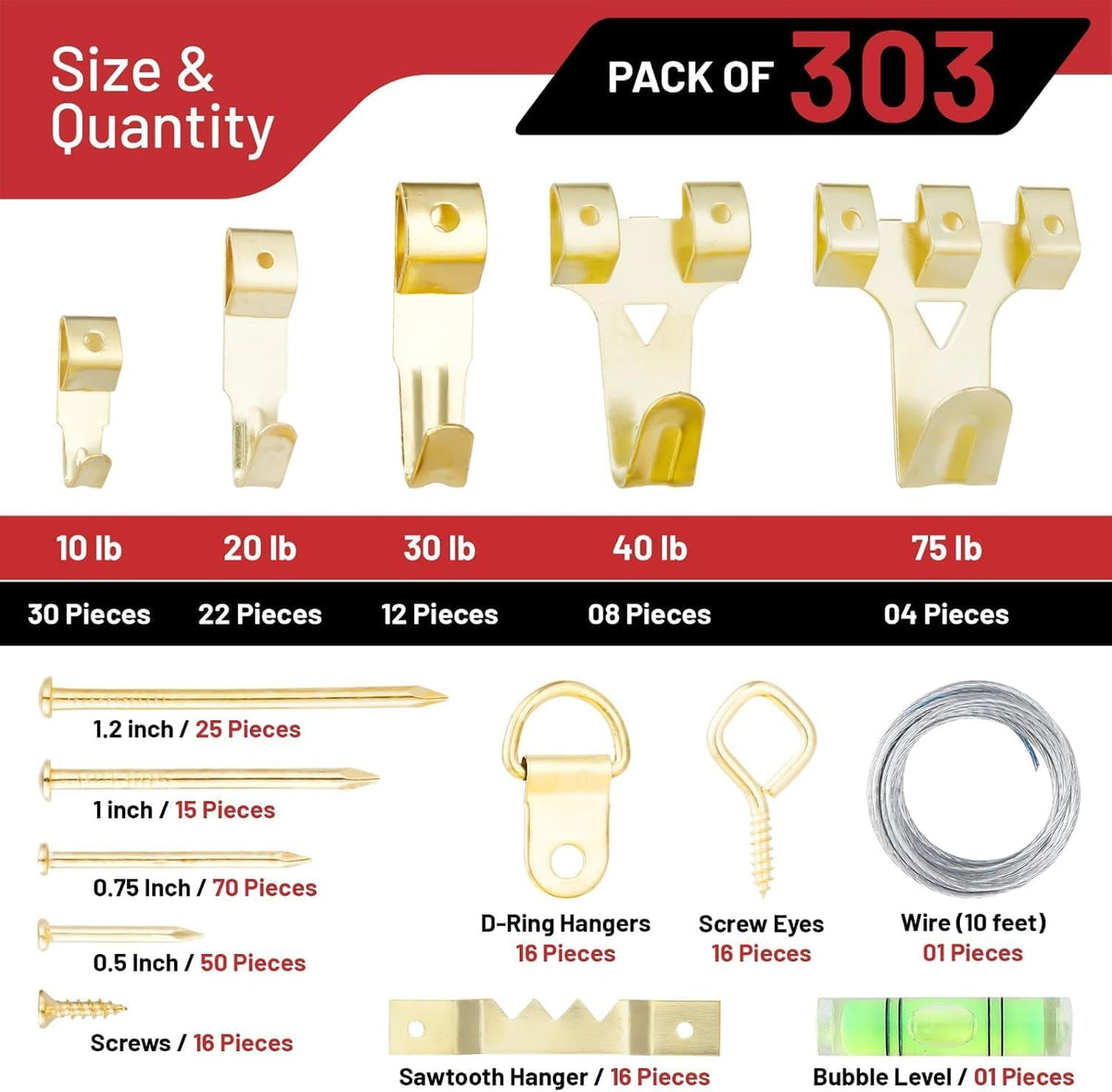 303 Piece Picture Hanging Kit, Gold Finish Wall Hooks and Iron Hangers