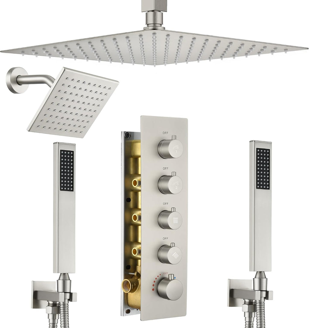 Thermostatic Shower System Dual Shower Head & HandHeld Spray Brushed Gold