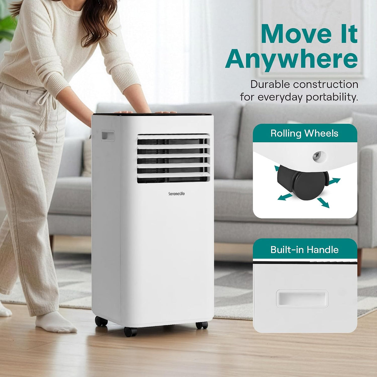 SereneLife Small Air Conditioner Portable 10,000 BTU with Built-in Dehumidifier - Portable AC unit for rooms up to 450 sq ft - WiFi app + Remote Control, Window Mount Exhaust Kit