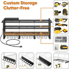 Power Tool Organizer Wall Mount with Charging Station, 4 Tier Tool Battery Storage Rack Built in 8 Outlet Power Strip for Garage, 49" W, Black Wood
