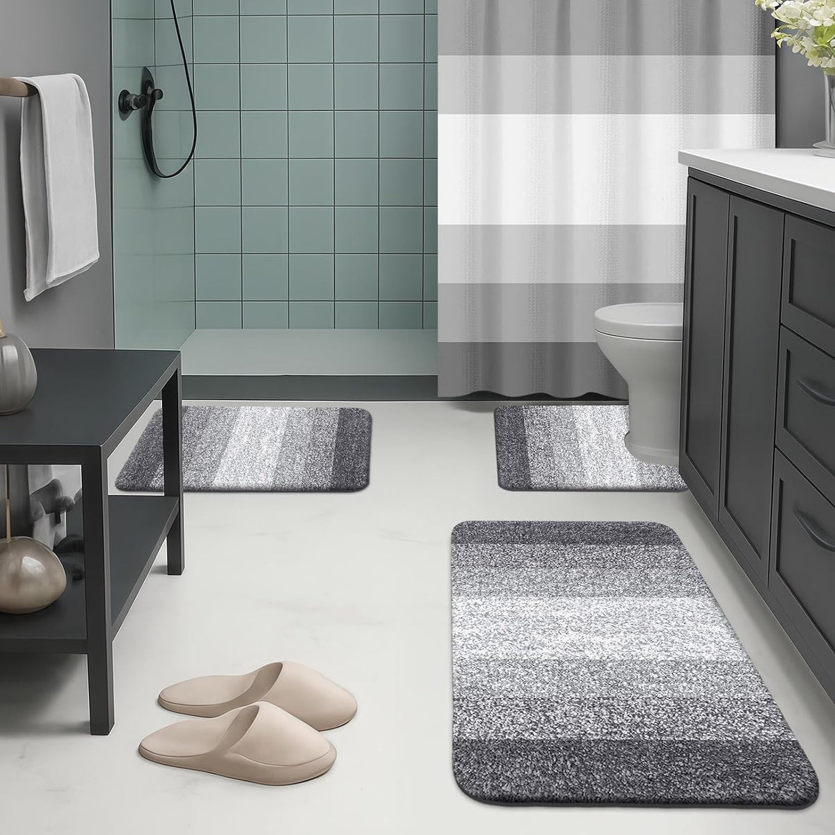 Bathroom Sets with Shower Curtain and Rugs Set of 4 Grey Striped