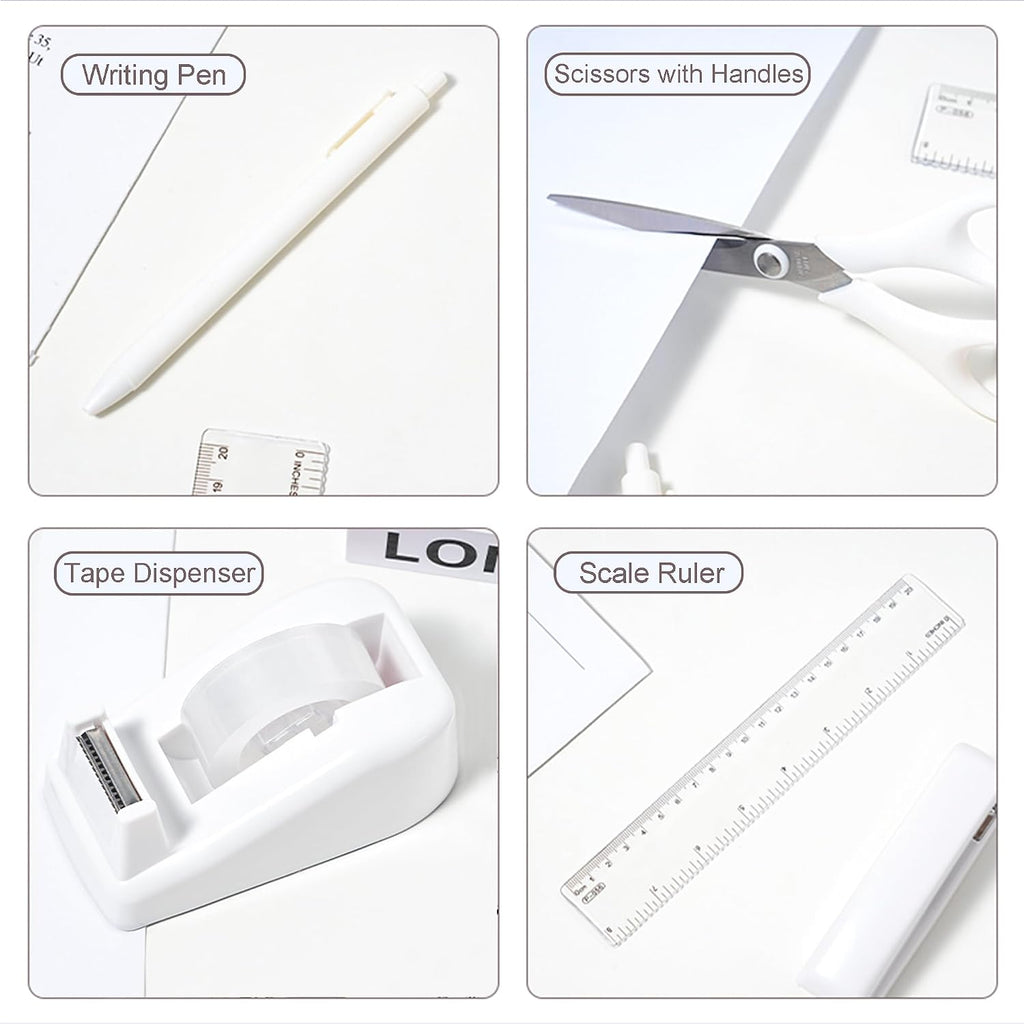 COMFYROOM Desk Accessories with Pen Holder, Office Supplies Desk Organizers and Accessories, Tape Dispenser, Stapler, Staple Remover, Staples, Clips Set, Ruler, Scissor, Pen, Tape (White)