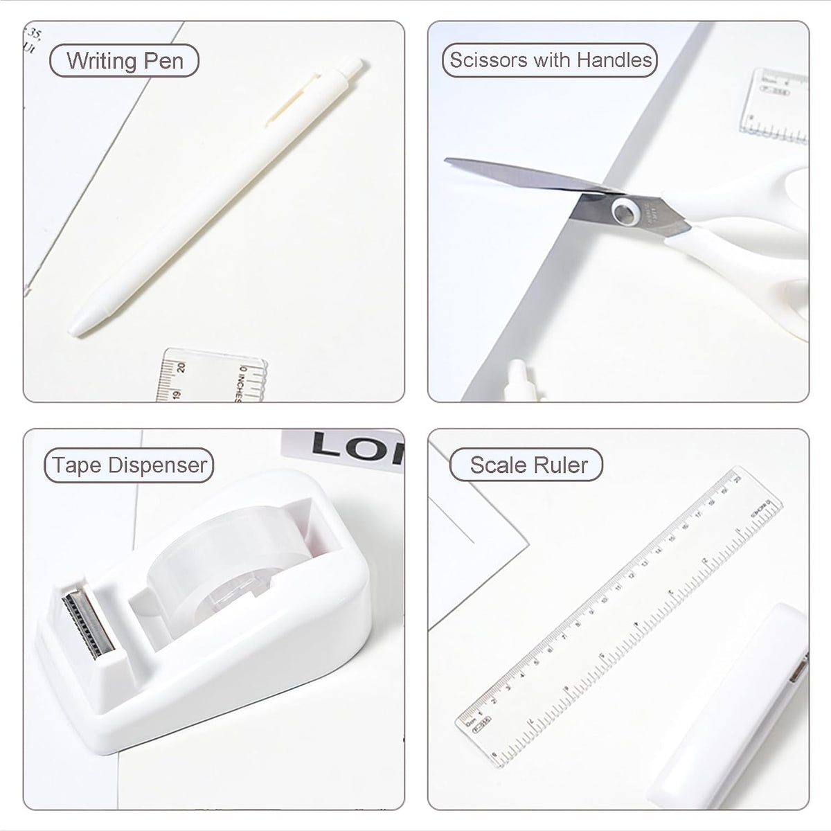 COMFYROOM Desk Accessories with Pen Holder, Office Supplies Desk Organizers and Accessories, Tape Dispenser, Stapler, Staple Remover, Staples, Clips Set, Ruler, Scissor, Pen, Tape (White)