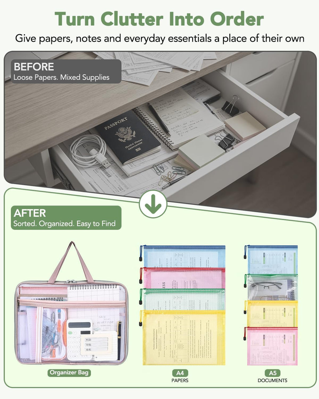8 Mesh Zipper Pouches + 1 File Organizer Bag,9‑Pc Document Organizer Set