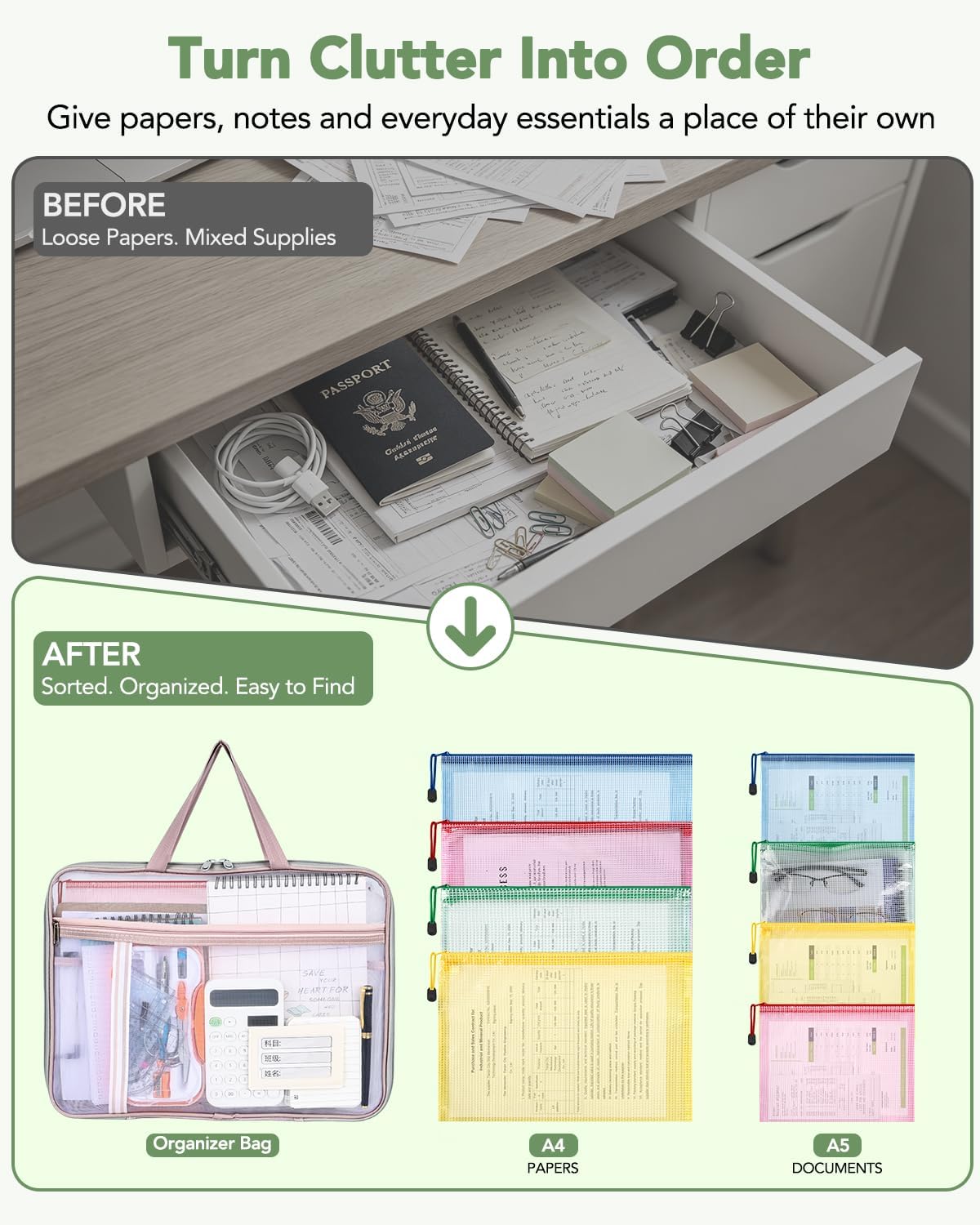 8 Mesh Zipper Pouches + 1 File Organizer Bag,9‑Pc Document Organizer Set
