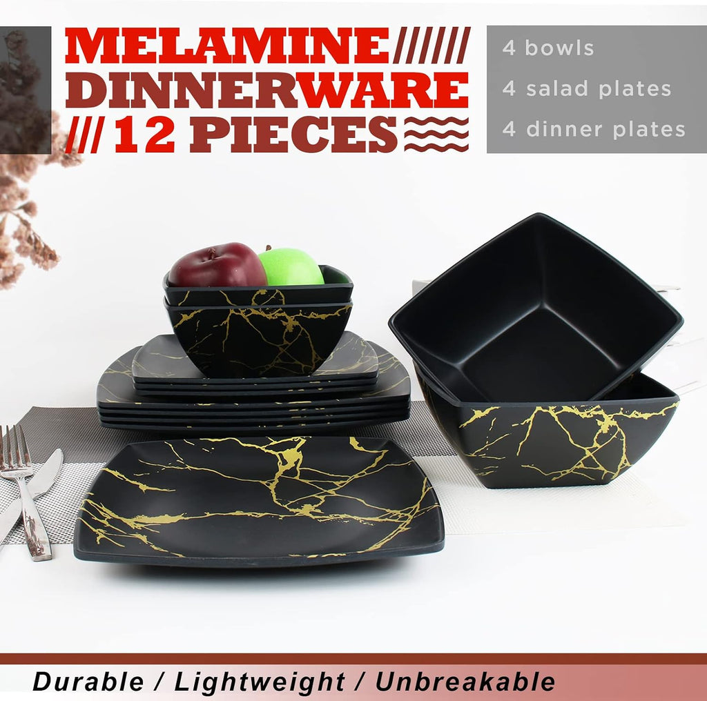 Melamine Dinnerware Set for 4-12 Pcs:Camping Dishes Set with Dinner Plates,Salad Plates and Bowls.Lightweight and Unbreakable.Indoor and Outdoor Use. flower 26