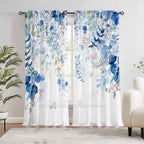 Blue Eucalyptus Curtains for Living Room 84" Length Watercolor Leaf Plant Spring Summer Blue and White Semi-Sheer Curtains for Bedroom Kitchen Windows,Botanical Nature Light Blue Gold Curtain, 2 Pack