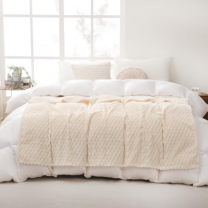 Puncuntex Cream White Throw Blanket 60"×80" inches Fuzzy 3D Jacquard Decorative - Image 2