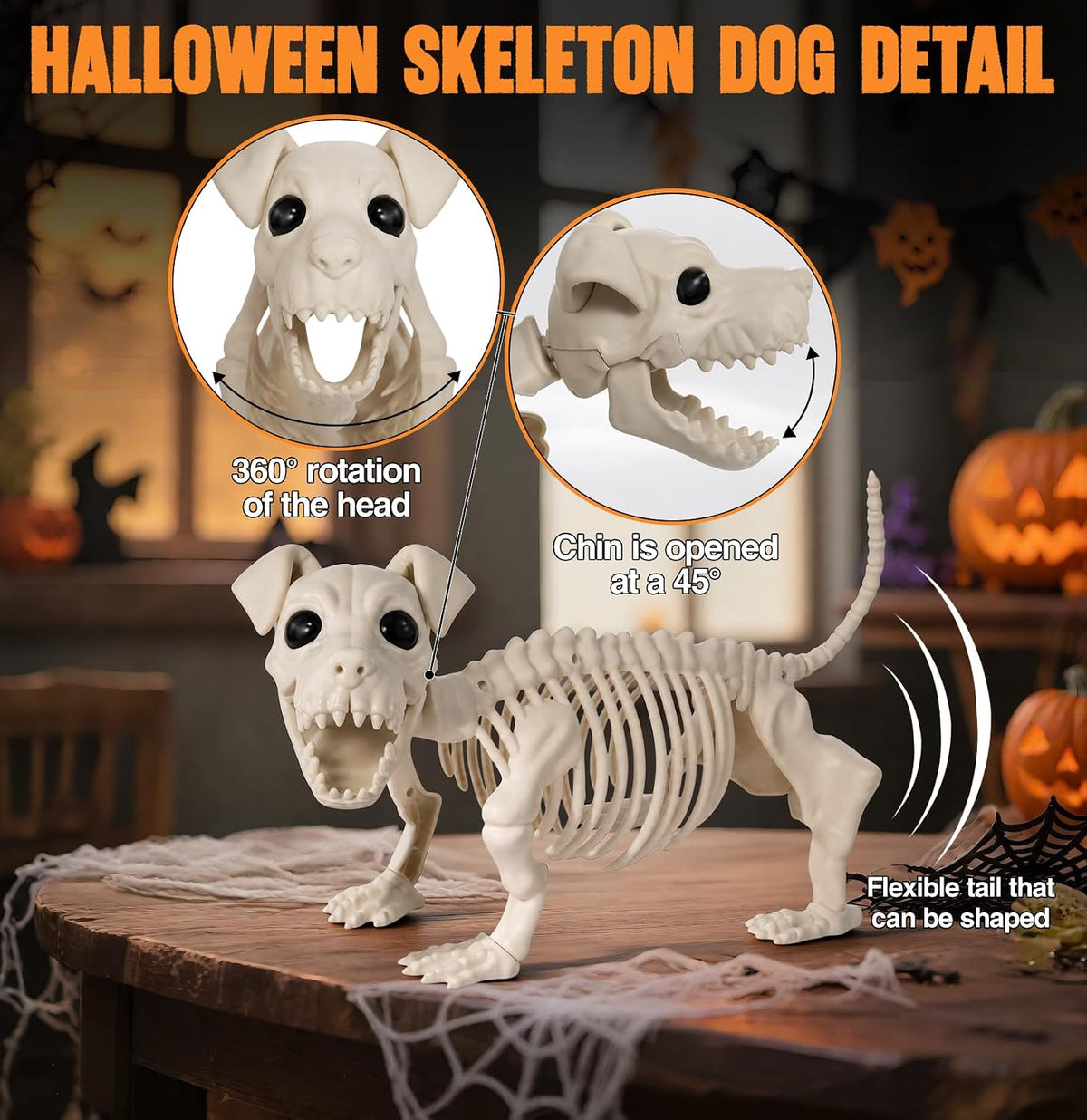 3PC 35.4" Halloween Skeleton with Dog, Posable Skeleton with Full Body Movable Joints for Halloween Decor, Well Made Hanging Plastic Skeleton for Indoor Outdoor Yard, Patio,Front Porch