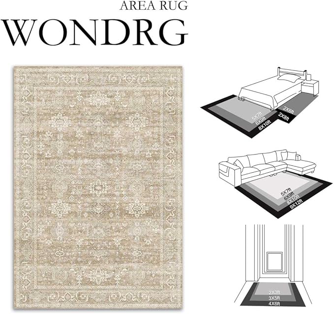 5x7 Washable Area Rug for Living Room Bedroom Vintage Beige Soft Low Pile - Image 2