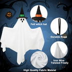 4 Pack Halloween Hanging Ghosts Decorations 31.5" Outdoor Cute Flying Ghost with Witch Hats White Ghosts Hanging Decoration for Halloween Party Holiday Front Yard Porch Patio Lawn Garden Tree Decor