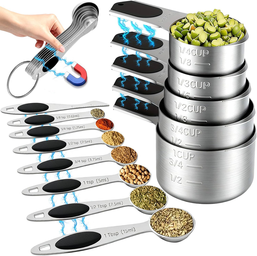 Measuring Cups and Spoons Set,304 Stainless Steel 5 Magnetic Measuring Cups and 8 Sigle Sided Measuring Spoons with 1 Leveler,Kitchen Gadgets for Cooking & Baking