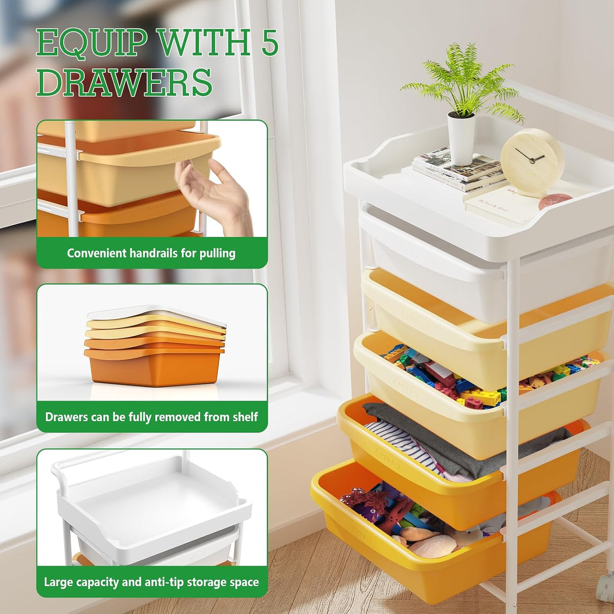 5 Drawers Plastic Rolling Storage Cart with Wheels, Teacher Supply