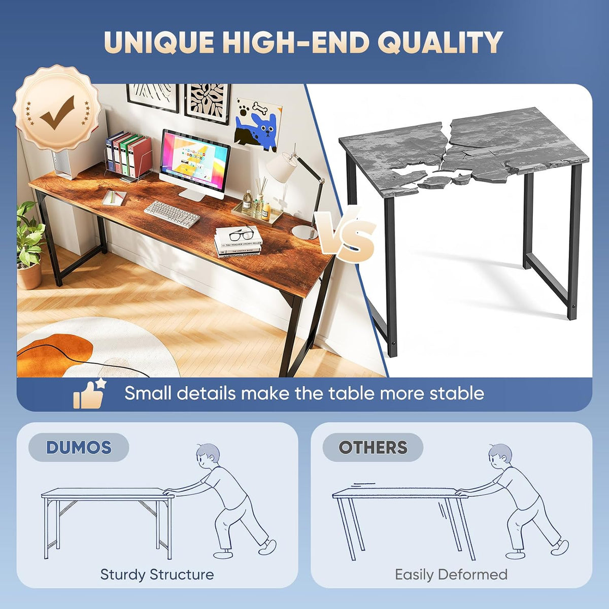 DUMOS 63 Inch Computer Desk, Home Office Gaming Desks for Bedroom, Brown