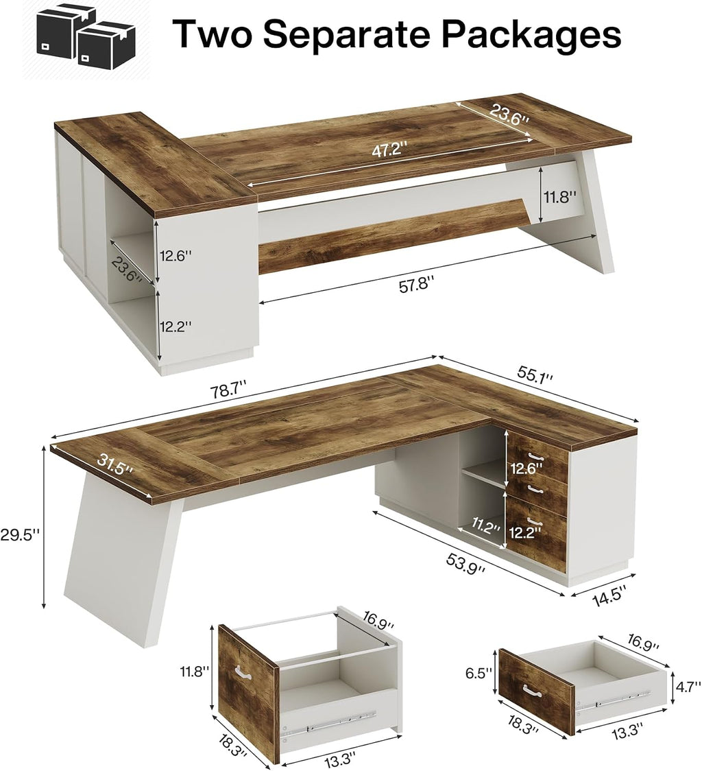 Tribesigns 78" L-Shaped Executive Desk, Large Modern Office Desk with Drawers and Lateral File Cabinet, Business Furniture with Storage Shelves, Big Computer Desk for Home Office (Brown + White)