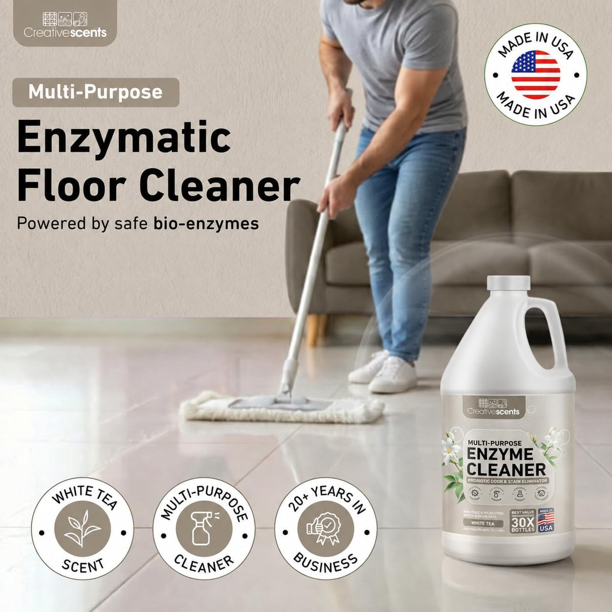 Creative Scents Multipurpose Enzyme Cleaner & Odor Remover | Deodorizer for Floor, Carpet, Drain, Pipes | Pet Urine Odor Eliminator | Enzyme Cleaner for Cat Urine & Dog Poop | Half Gallon - White Tea