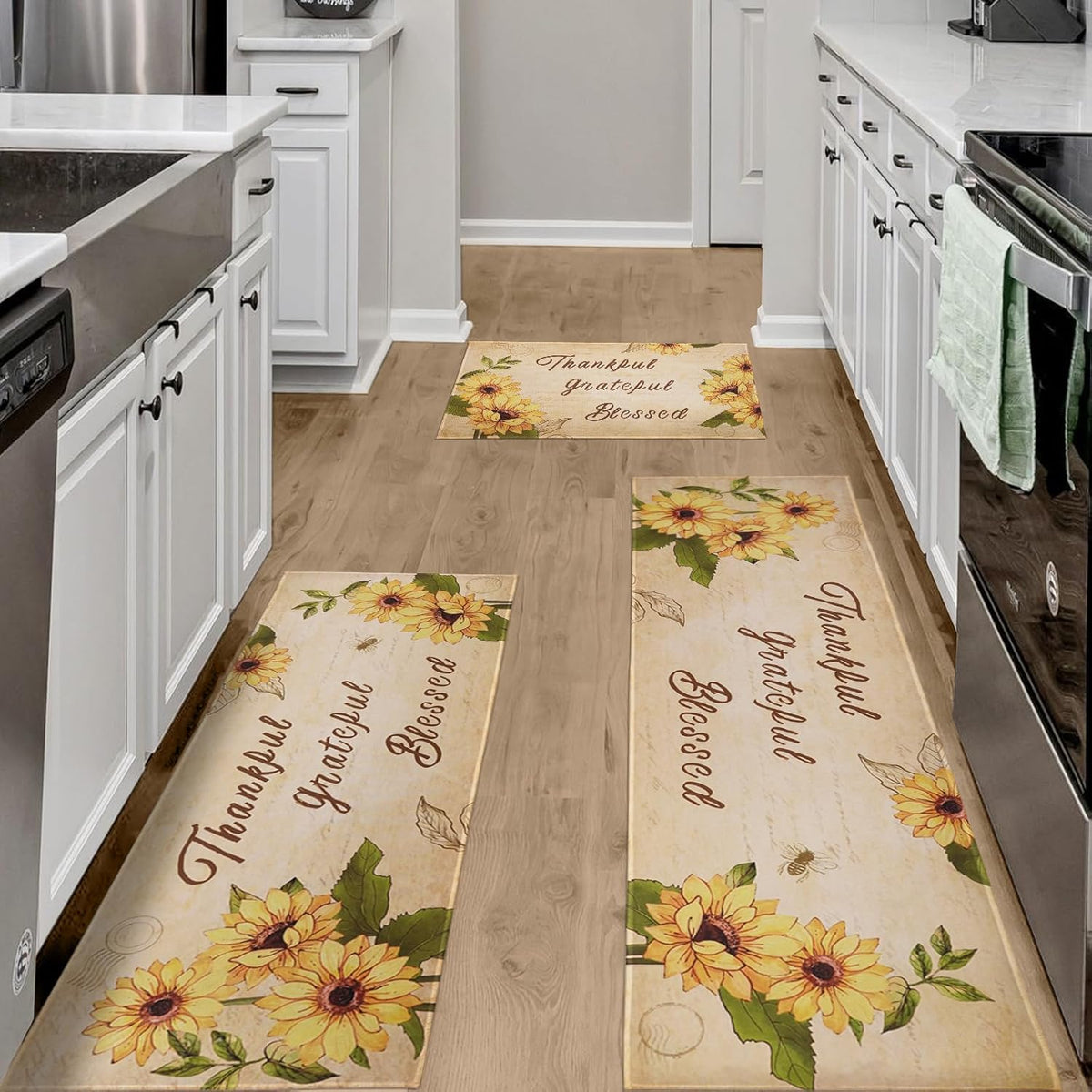 Sunflower Kitchen Mat Set of 3, Kitchen Decor and Accessories(Black White)