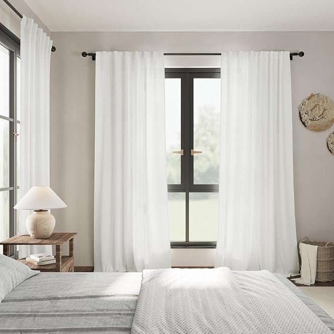 Off White Linen Curtains 108 Inches Long 2 Panels Set Back Tab Rod Pocket Semi - Image 7