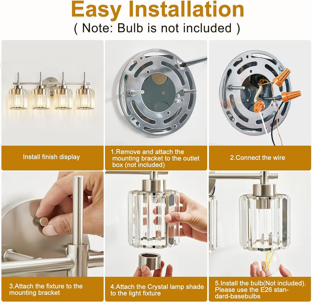 EJIAXIN Crystal Bathroom Vanity Lights, 4 Light Bath Mirror Light Brushed Nickel Round Crystal Wall Mount Light Fixture Over Mirror Morden for Living Room