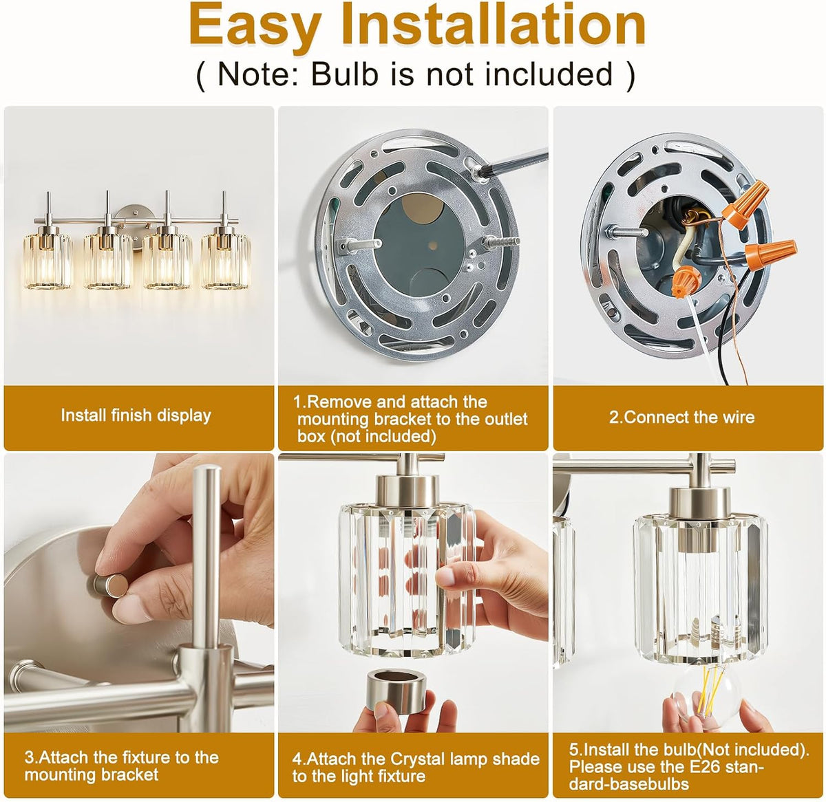 EJIAXIN Crystal Bathroom Vanity Lights, 4 Light Bath Mirror Light Brushed Nickel Round Crystal Wall Mount Light Fixture Over Mirror Morden for Living Room