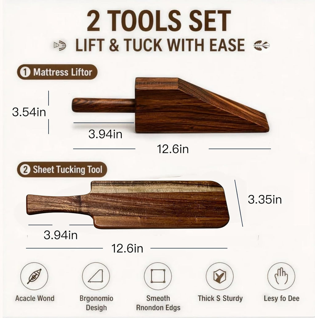 Acacia Wood Mattress Lifter Tool for Changing Sheets, Ergonomic Bed Making Helper for Seniors, Sheet Tucker for Linens