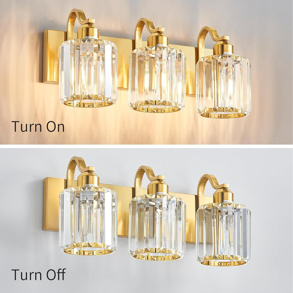 3-Light Gold Bathroom Light Fixtures,Modern Bathroom Vanity Lights Fixture with Clear Crystal Glass Shade, Modern Crystal 3 Lights Wall Sconce (Exclude Bulb)